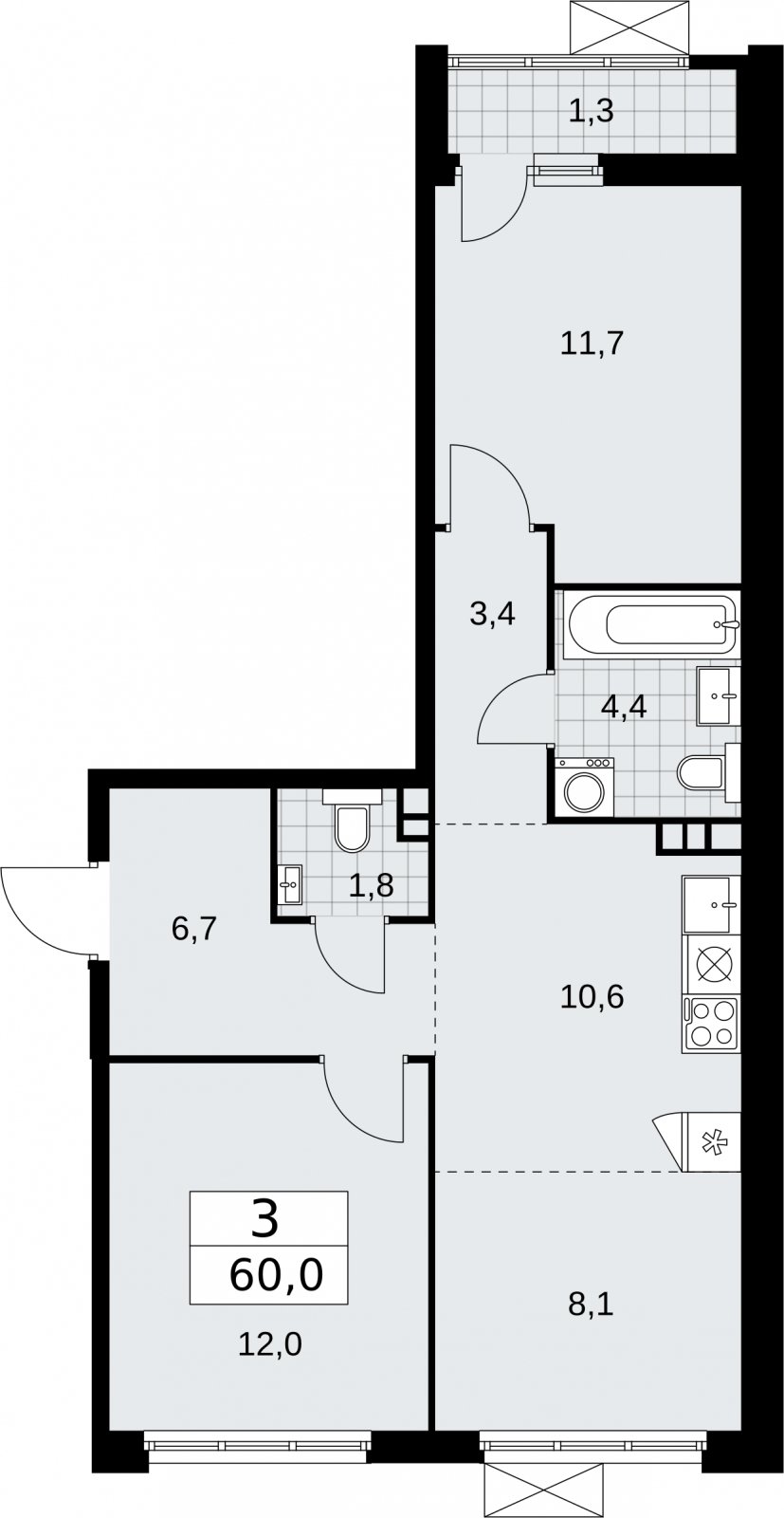 3-комнатная квартира (евро) с частичной отделкой, 60 м2, 3 этаж, сдача 2 квартал 2026 г., ЖК Бунинские кварталы, корпус 5.1 - объявление 2296832 - фото №1