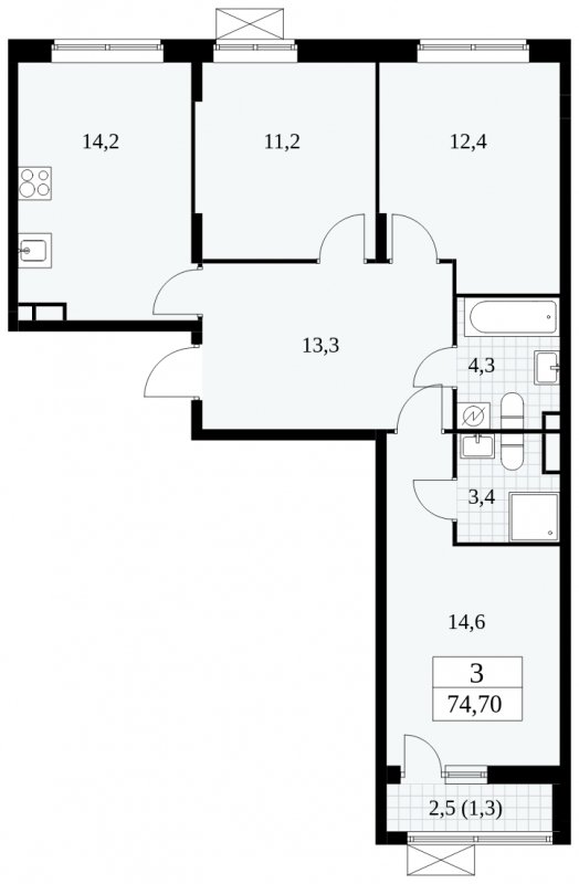3-комнатная квартира без отделки, 74.7 м2, 6 этаж, сдача 1 квартал 2025 г., ЖК Прокшино, корпус 5.1.3 - объявление 1810682 - фото №1