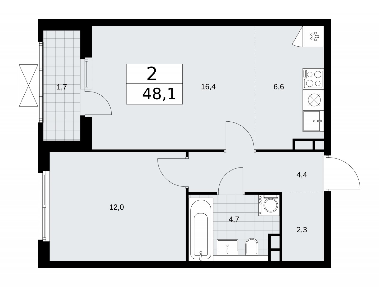 2-комнатная квартира (евро) без отделки, 48.1 м2, 5 этаж, сдача 1 квартал 2026 г., ЖК Прокшино, корпус 11.2.2 - объявление 2270075 - фото №1