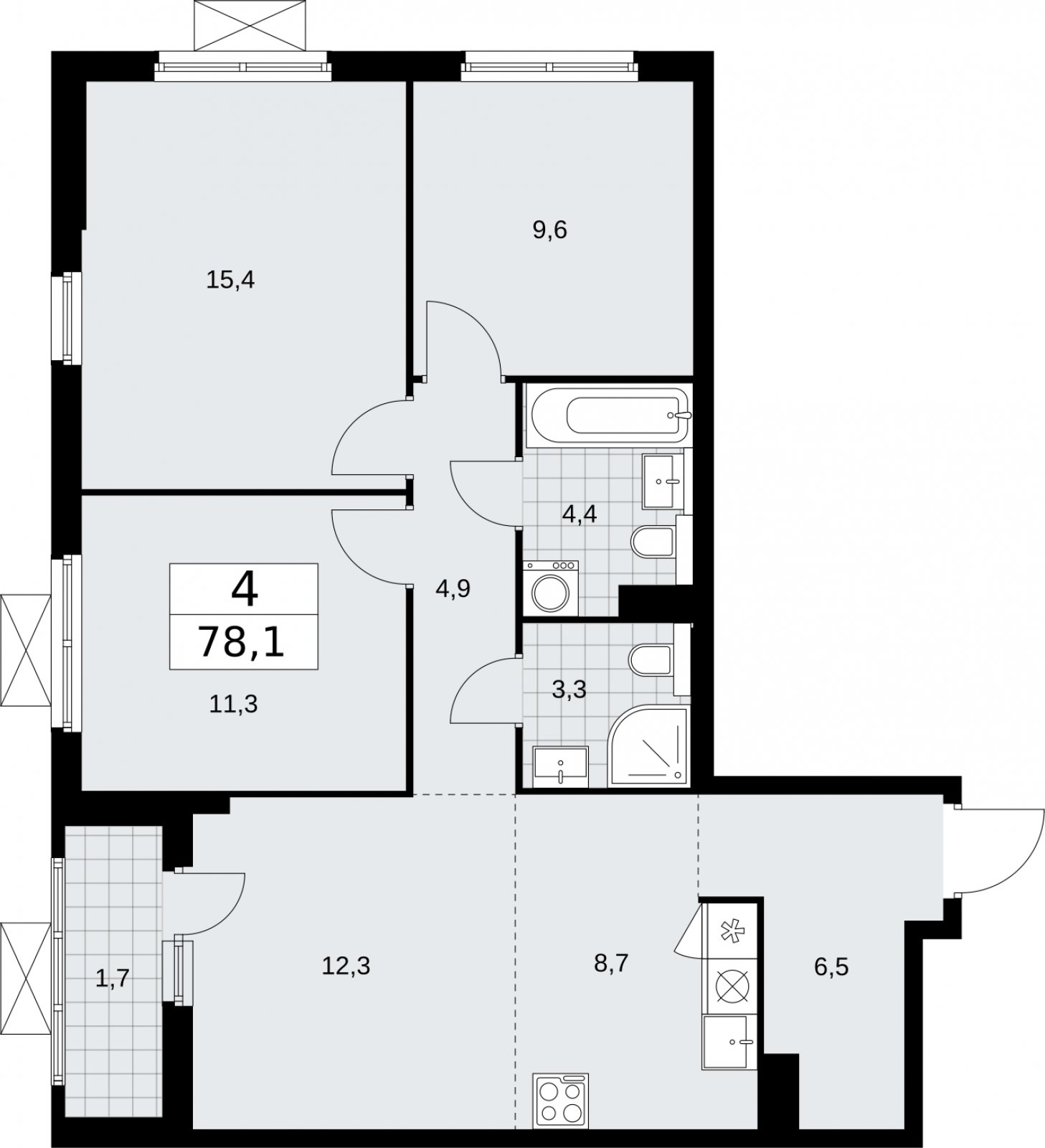 4-комнатная квартира (евро) без отделки, 78.1 м2, 3 этаж, сдача 2 квартал 2026 г., ЖК Бунинские кварталы, корпус 7.4 - объявление 2314040 - фото №1