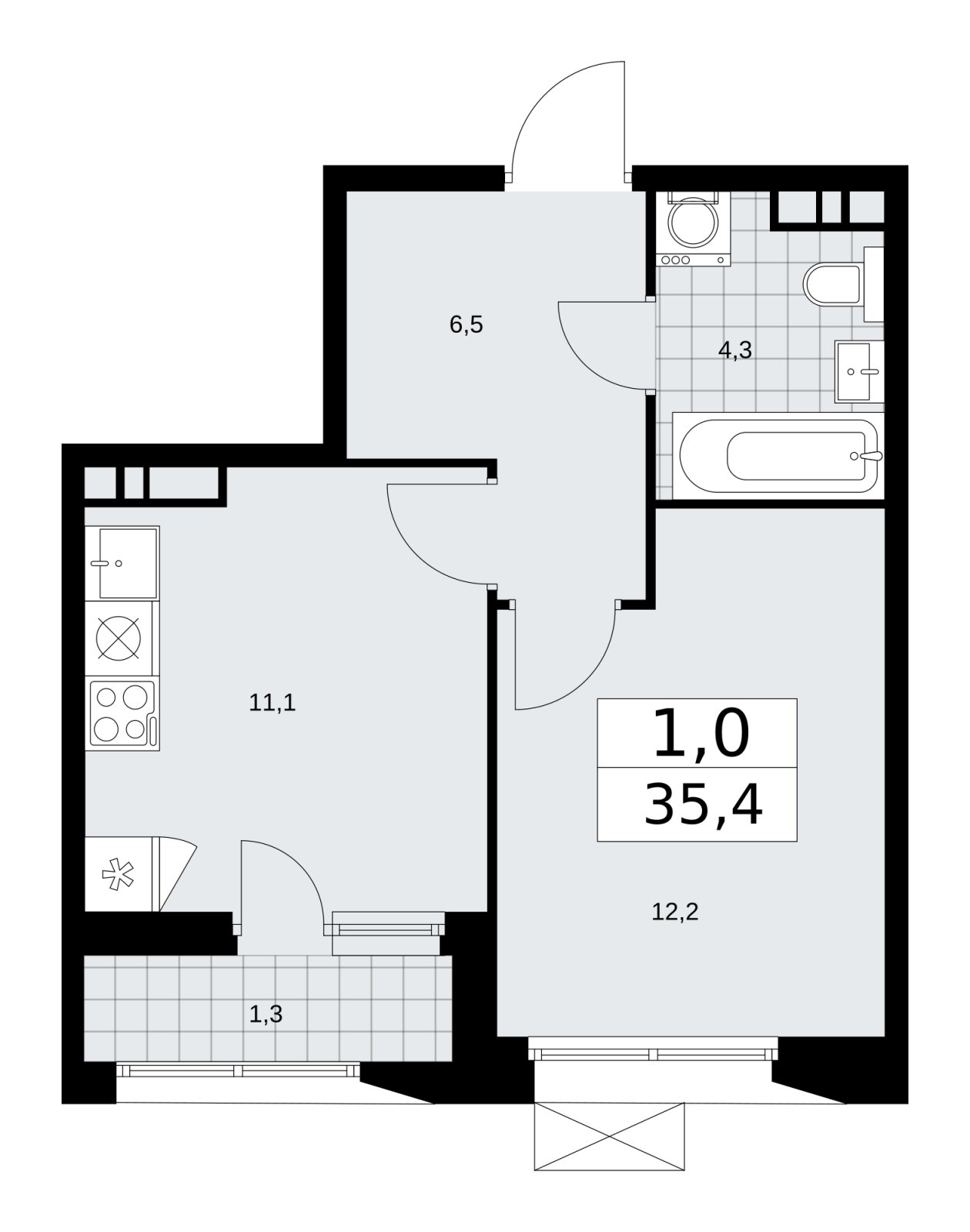 1-комнатная квартира с частичной отделкой, 35.4 м2, 6 этаж, сдача 1 квартал 2026 г., ЖК Бунинские кварталы, корпус 6.2 - объявление 2252546 - фото №1