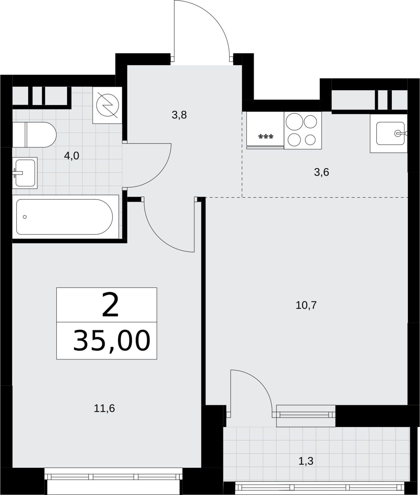 2-комнатная квартира (евро) без отделки, 35 м2, 10 этаж, сдача 3 квартал 2026 г., ЖК Родные кварталы, корпус 3.4 - объявление 2378700 - фото №1