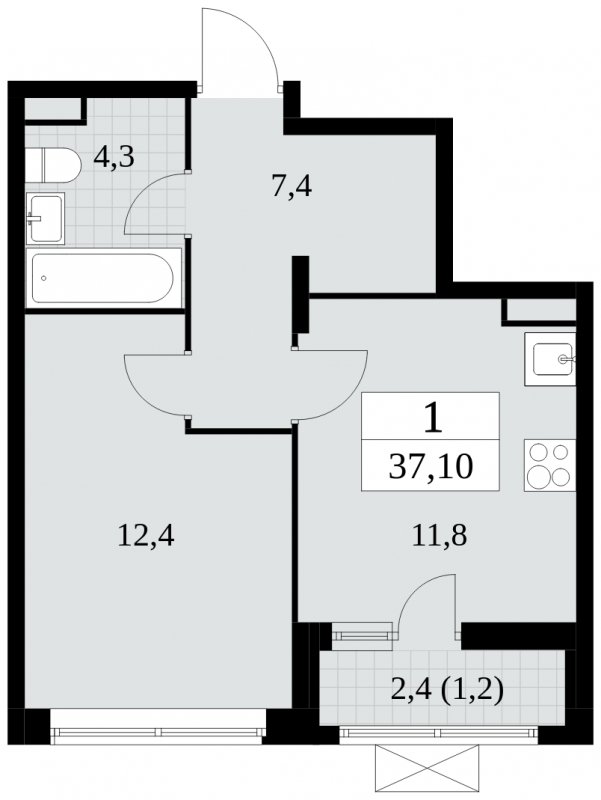 1-комнатная квартира без отделки, 37.1 м2, 4 этаж, сдача 3 квартал 2024 г., ЖК Прокшино, корпус 8.4 - объявление 1684057 - фото №1