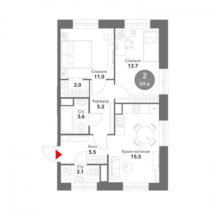 2-комнатные апартаменты без отделки, 59.6 м2, 10 этаж, сдача 3 квартал 2025 г., ЖК VOXHALL, корпус 4 - объявление 1787789 - фото №1