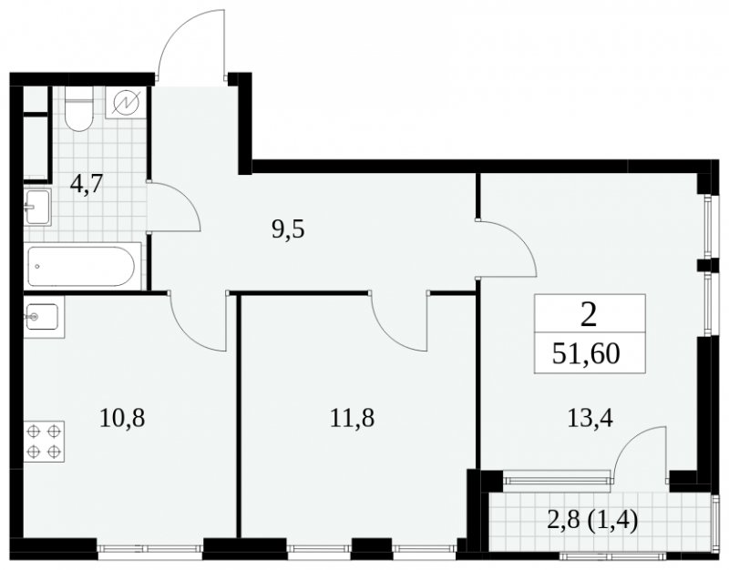 2-комнатная квартира без отделки, 51.6 м2, 9 этаж, сдача 2 квартал 2025 г., ЖК Южные сады, корпус 2.4 - объявление 1760308 - фото №1