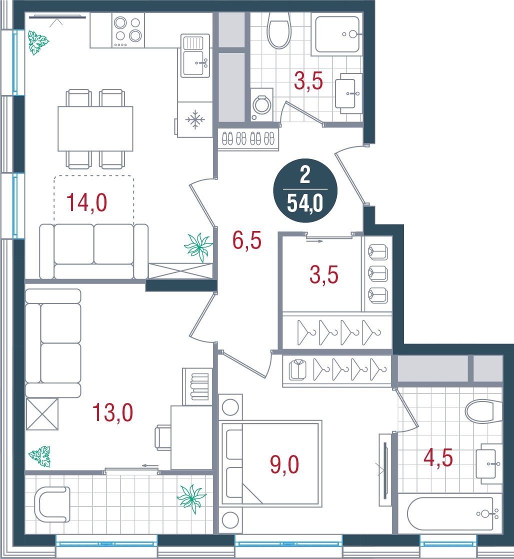 2-комнатная квартира без отделки, 54 м2, 11 этаж, дом сдан, ЖК РУСИЧ Новые Котельники, корпус 2 - объявление 2432882 - фото №1