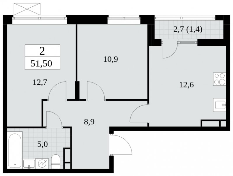 2-комнатная квартира с частичной отделкой, 51.5 м2, 6 этаж, сдача 2 квартал 2025 г., ЖК Прокшино, корпус 5.1.1 - объявление 1994391 - фото №1