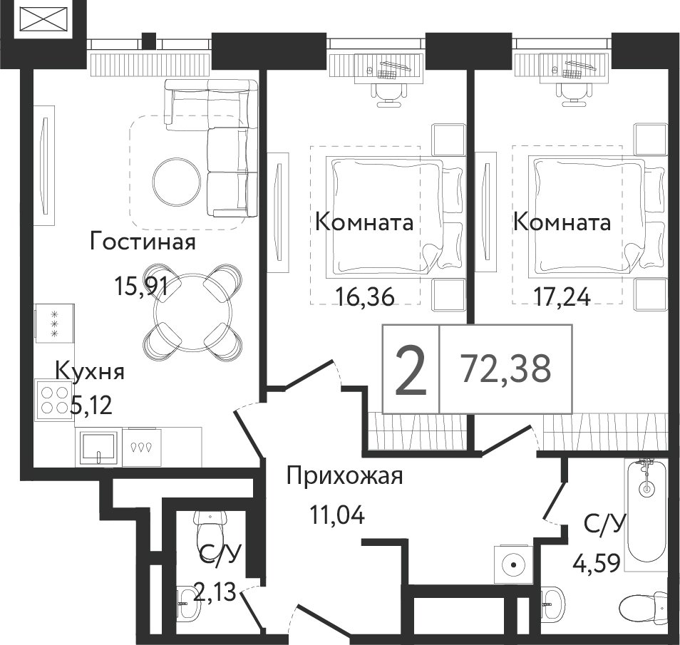 2-комнатная квартира без отделки, 72.39 м2, 3 этаж, сдача 3 квартал 2023 г., ЖК Dream Towers, корпус 2 - объявление 2261227 - фото №1