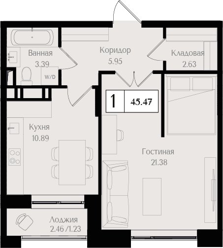 1-комнатная квартира без отделки, 46.12 м2, 7 этаж, сдача 3 квартал 2025 г., ЖК Преображенская площадь, корпус 3 - объявление 2266207 - фото №1