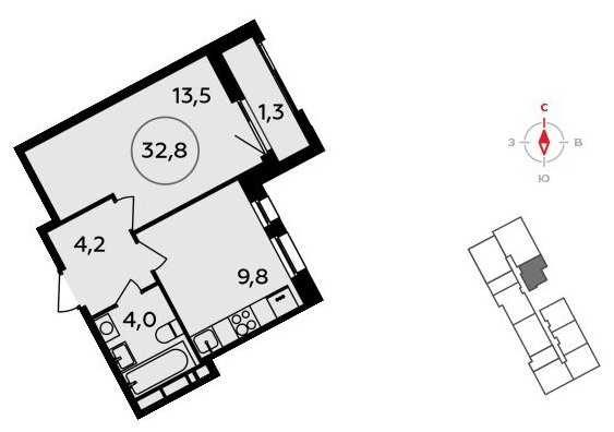 1-комнатная квартира без отделки, 32.8 м2, 9 этаж, сдача 3 квартал 2023 г., ЖК Прокшино, корпус 4.3 - объявление 1853496 - фото №1
