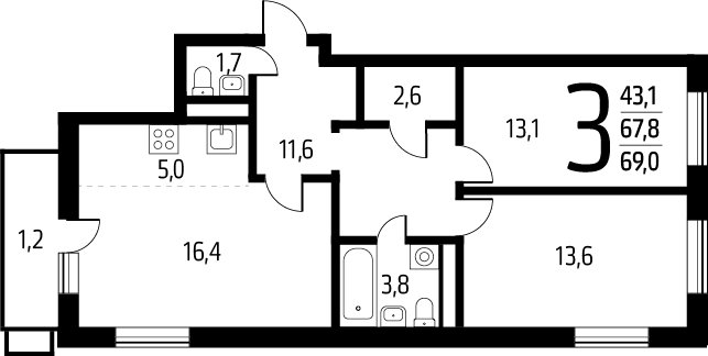3-комнатная квартира (евро) с полной отделкой, 69 м2, 14 этаж, сдача 1 квартал 2025 г., ЖК Новые Ватутинки. Заречный, корпус 5/1 - объявление 2271925 - фото №1