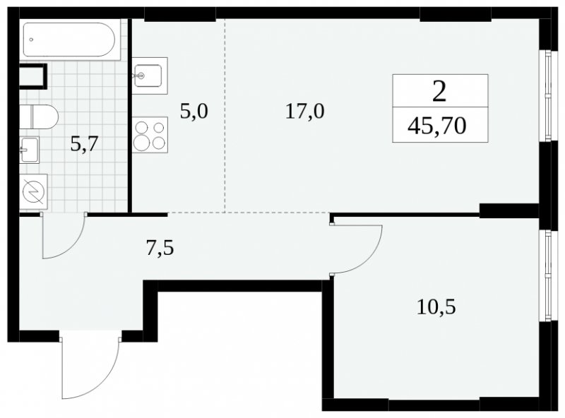 2-комнатная квартира (евро) без отделки, 45.7 м2, 2 этаж, сдача 2 квартал 2025 г., ЖК Южные сады, корпус 2.3 - объявление 1758116 - фото №1