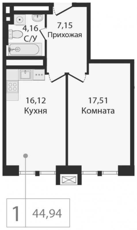 1-комнатная квартира без отделки, 44.94 м2, 3 этаж, сдача 2 квартал 2023 г., ЖК Dream Towers, корпус 1 - объявление 1800250 - фото №1