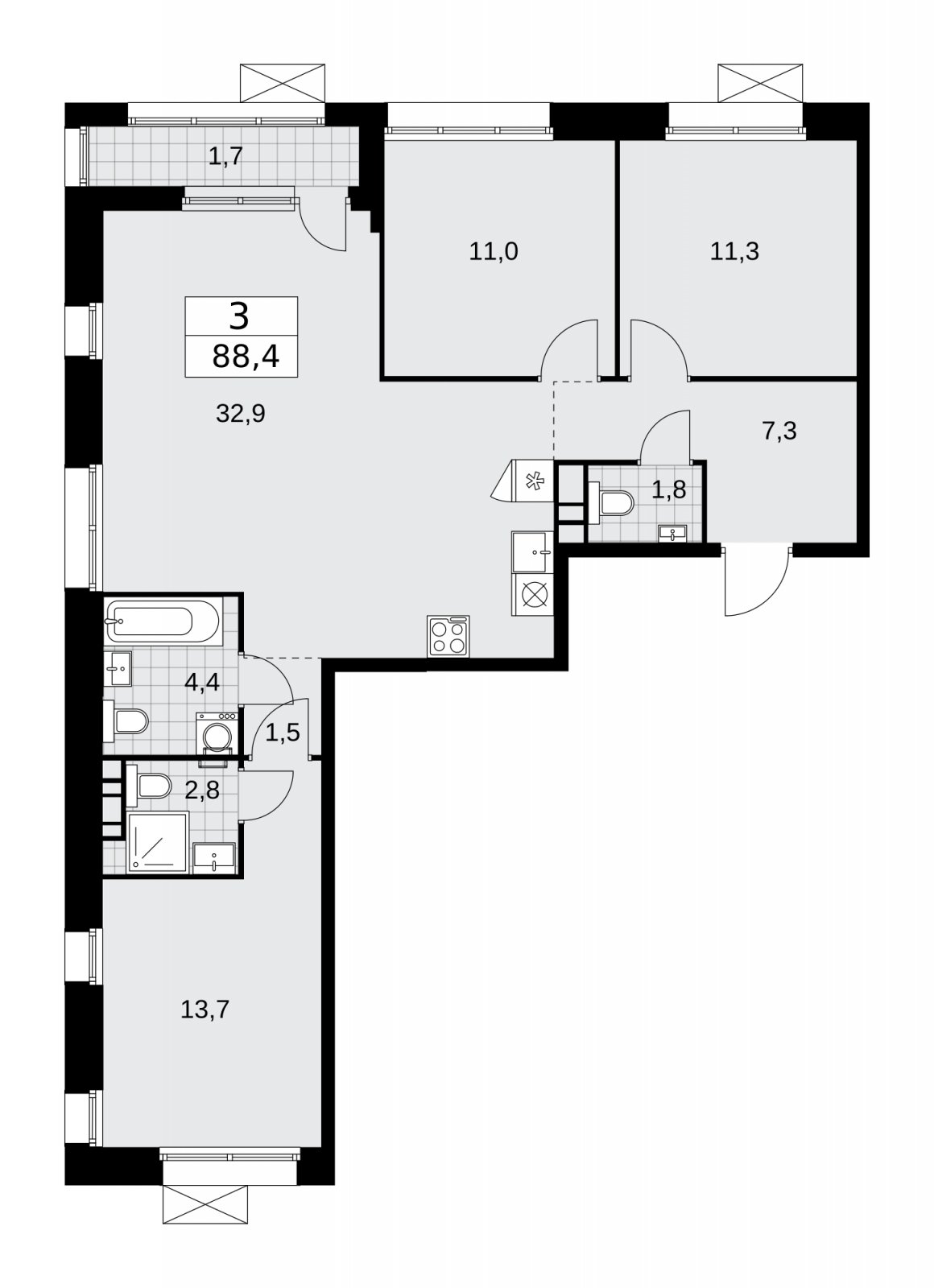 3-комнатная квартира без отделки, 88.4 м2, 5 этаж, сдача 4 квартал 2025 г., ЖК Бунинские кварталы, корпус 6.4 - объявление 2252689 - фото №1
