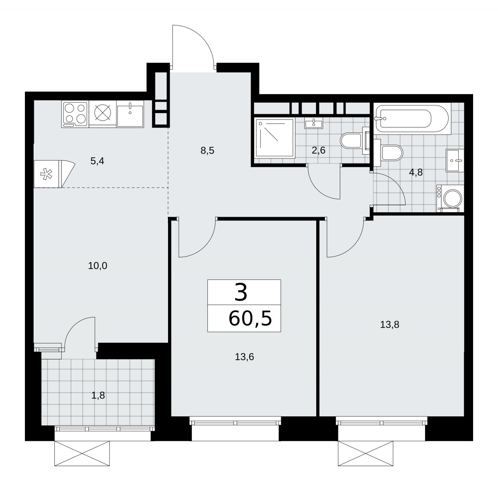 3-комнатная квартира (евро) без отделки, 60.5 м2, 19 этаж, сдача 4 квартал 2025 г., ЖК Бунинские кварталы, корпус 6.5 - объявление 2252887 - фото №1