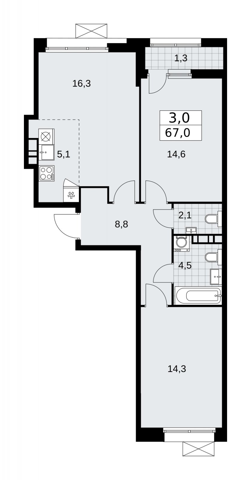 3-комнатная квартира (евро) с частичной отделкой, 67 м2, 4 этаж, сдача 1 квартал 2026 г., ЖК Бунинские кварталы, корпус 6.3 - объявление 2252617 - фото №1