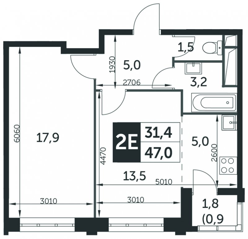 2-комнатная квартира без отделки, 47 м2, 7 этаж, дом сдан, ЖК Датский квартал, корпус 5 - объявление 1677818 - фото №1
