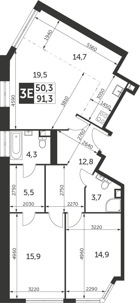 3-комнатная квартира без отделки, 91.3 м2, 46 этаж, сдача 4 квартал 2023 г., ЖК Архитектор, корпус 1 - объявление 2235282 - фото №1