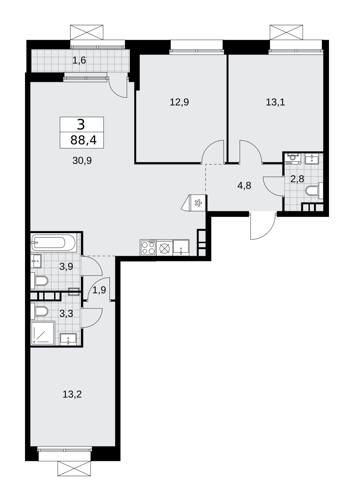 3-комнатная квартира без отделки, 88.4 м2, 4 этаж, сдача 4 квартал 2025 г., ЖК Бунинские кварталы, корпус 6.4 - объявление 2252719 - фото №1