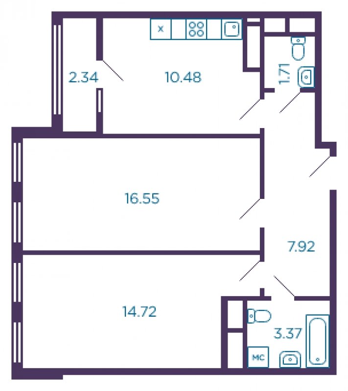 2-комнатная квартира без отделки, 55.9 м2, 8 этаж, дом сдан, ЖК Миниполис Дивное, корпус 14 - объявление 1685727 - фото №1