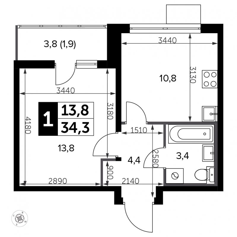 1-комнатная квартира с полной отделкой, 34.3 м2, 8 этаж, сдача 3 квартал 2023 г., ЖК Южная Битца, корпус 12 - объявление 1947757 - фото №1