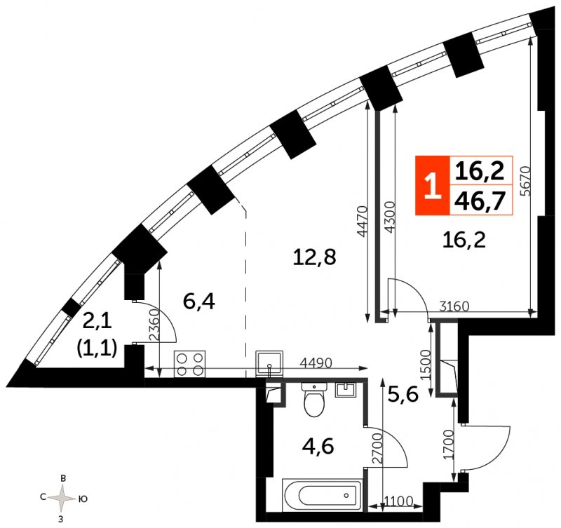 1-комнатная квартира с частичной отделкой, 46.7 м2, 2 этаж, сдача 3 квартал 2024 г., ЖК Sydney City, корпус 2.2 - объявление 1608193 - фото №1