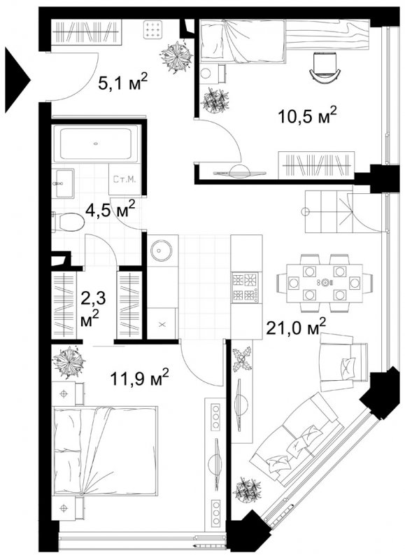 2-комнатная квартира без отделки, 55.3 м2, 10 этаж, сдача 4 квартал 2022 г., ЖК Kazakov Grand Loft, корпус 1 - объявление 1515655 - фото №1
