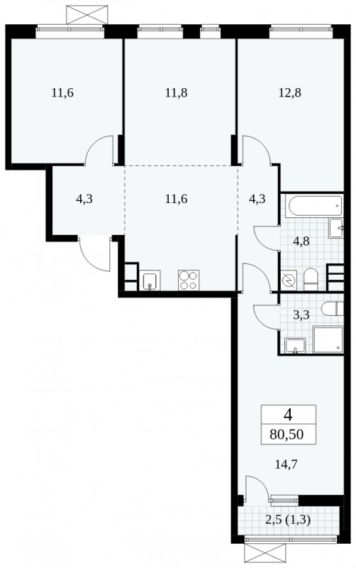 4-комнатная квартира (евро) без отделки, 80.5 м2, 3 этаж, сдача 1 квартал 2025 г., ЖК Прокшино, корпус 5.2.3 - объявление 1751379 - фото №1