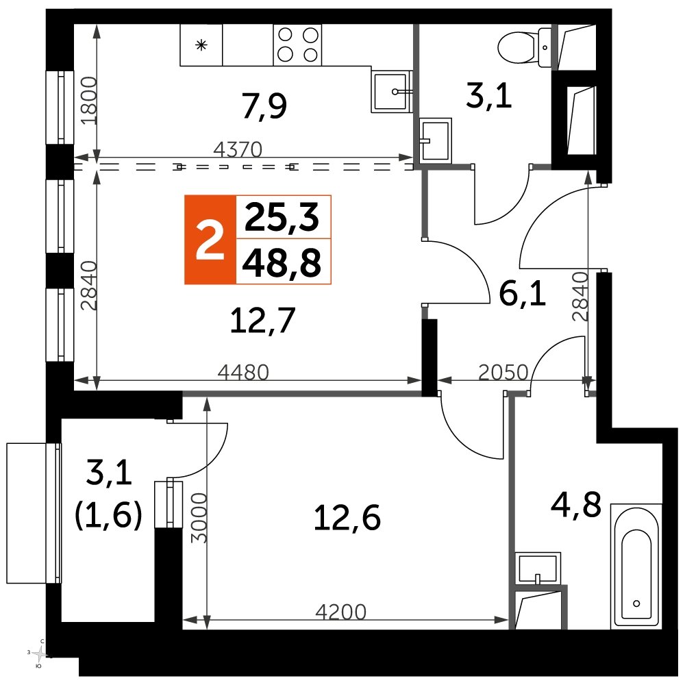 2-комнатная квартира с частичной отделкой, 48.8 м2, 1 этаж, дом сдан, ЖК UP-квартал Римский, корпус 7 - объявление 2208735 - фото №1