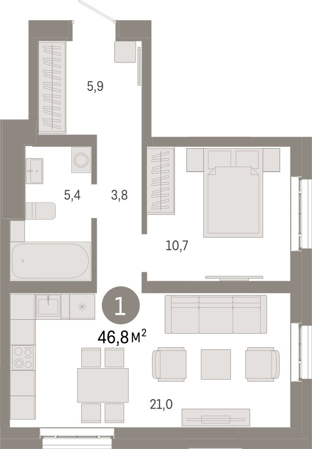 1-комнатная квартира 46.8 м2, 5 этаж, сдача 3 квартал 2026 г., ЖК Квартал Метроном, корпус 1 - объявление 2330875 - фото №1