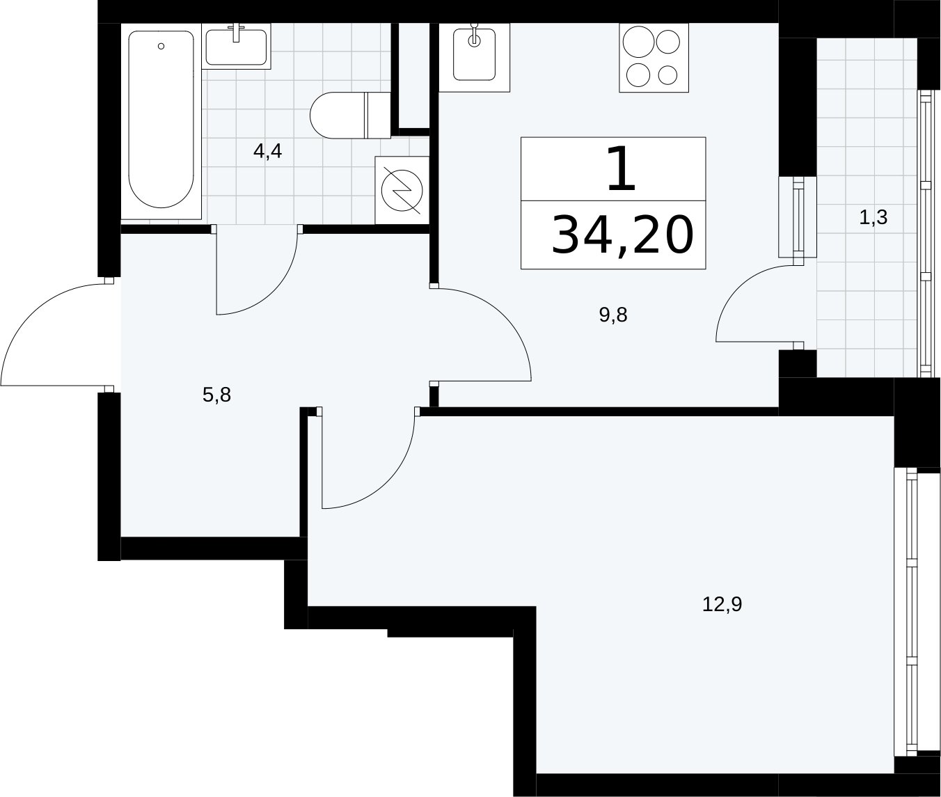 1-комнатная квартира с полной отделкой, 34.2 м2, 2 этаж, сдача 4 квартал 2026 г., ЖК Родные кварталы, корпус 1.2 - объявление 2317962 - фото №1