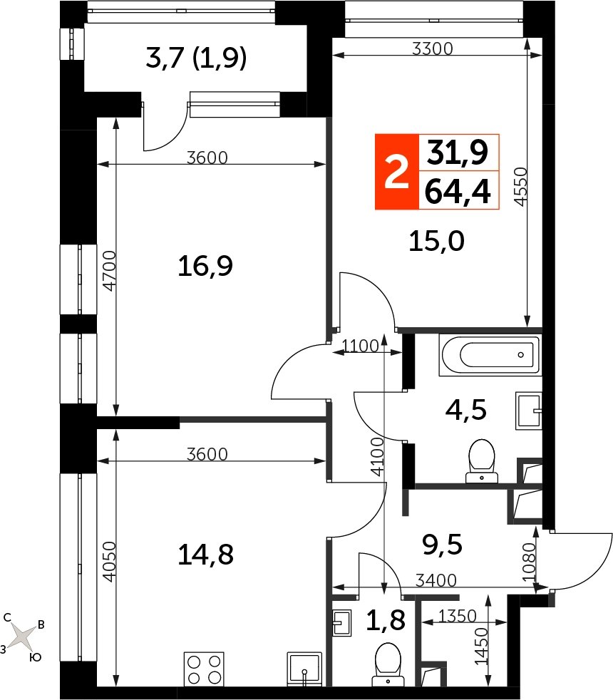 2-комнатная квартира с частичной отделкой, 64.4 м2, 19 этаж, сдача 3 квартал 2024 г., ЖК Sydney City, корпус 2.1 - объявление 2335305 - фото №1
