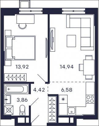1-комнатная квартира без отделки, 43.72 м2, 7 этаж, сдача 2 квартал 2025 г., ЖК Квартал Тетрис, корпус "Квартал Тетрис 2.1" - объявление 2001706 - фото №1