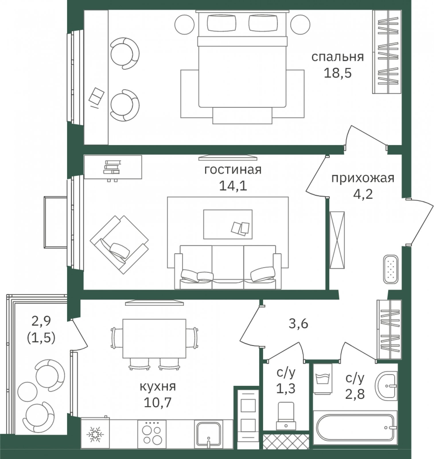 2-комнатная квартира с полной отделкой, 56.4 м2, 19 этаж, дом сдан, ЖК Зеленая Вертикаль, корпус 1 - объявление 2006359 - фото №1