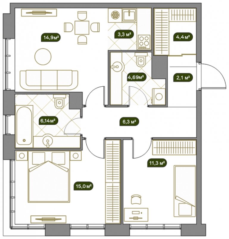 3-комнатная квартира 68.36 м2, 1 этаж, сдача 2 квартал 2023 г., ЖК West Garden, корпус River line, корпус 11 - объявление 1681338 - фото №1
