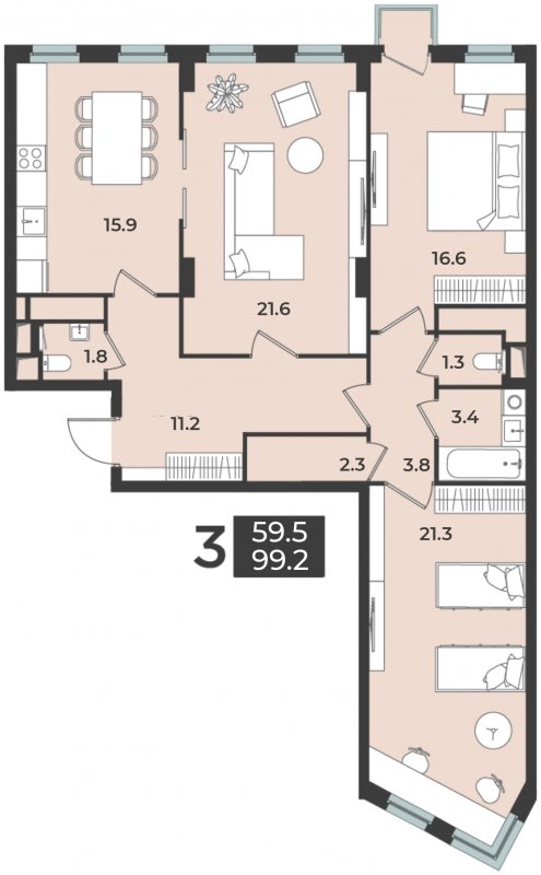 3-комнатная квартира 99.2 м2, 9 этаж, дом сдан, ЖК Лефорт, корпус 3 - объявление 1873530 - фото №1