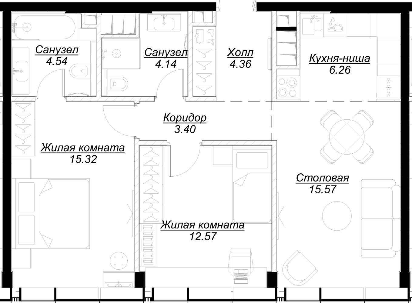 2-комнатная квартира без отделки, 66.17 м2, 52 этаж, сдача 4 квартал 2024 г., ЖК MOD, корпус Mann - объявление 2332072 - фото №1