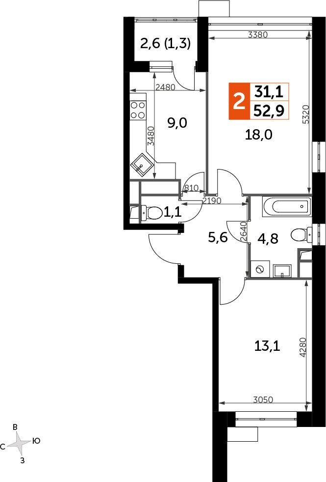 2-комнатная квартира без отделки, 52.9 м2, 16 этаж, дом сдан, ЖК Датский квартал, корпус 2 - объявление 2335343 - фото №1