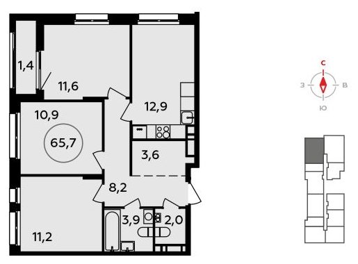 3-комнатная квартира с полной отделкой, 65.7 м2, 10 этаж, сдача 4 квартал 2023 г., ЖК Прокшино, корпус 4.1 - объявление 1772905 - фото №1