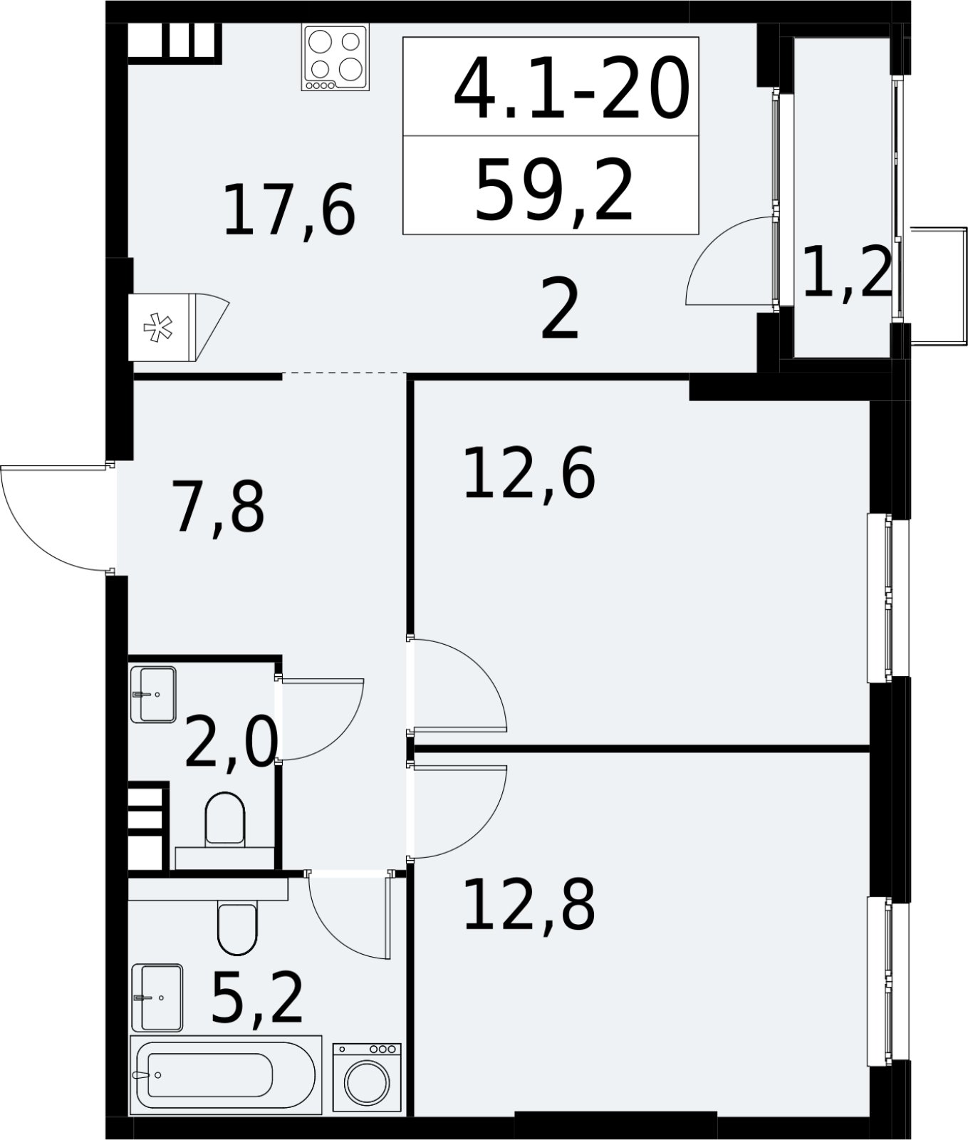 2-комнатная квартира с полной отделкой, 59.2 м2, 5 этаж, сдача 2 квартал 2027 г., ЖК Южные сады, корпус 4.1.1 - объявление 2392561 - фото №1