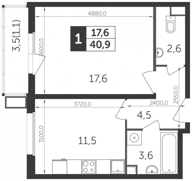 1-комнатная квартира с частичной отделкой, 40.9 м2, 2 этаж, сдача 1 квартал 2022 г., ЖК Датский квартал, корпус 1 - объявление 1329176 - фото №1