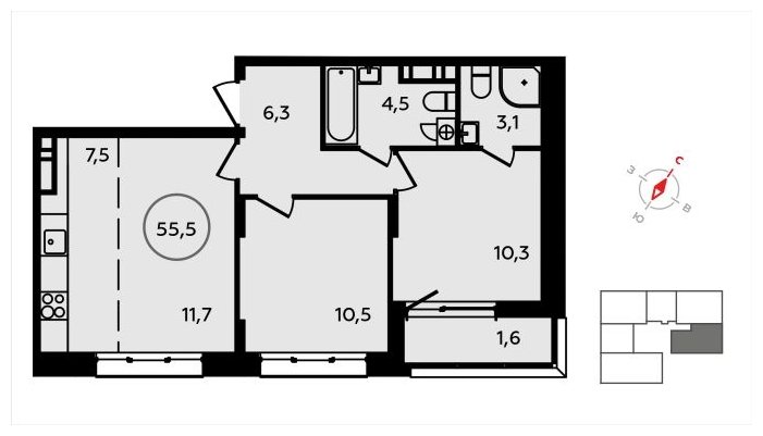 3-комнатная квартира (евро) с полной отделкой, 55.5 м2, 10 этаж, сдача 3 квартал 2024 г., ЖК Скандинавия, корпус 2.22.4 - объявление 1625722 - фото №1