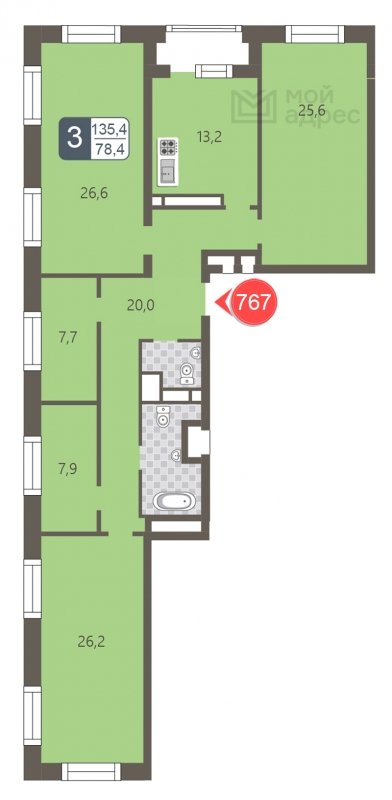 3-комнатная квартира с частичной отделкой, 135.4 м2, 15 этаж, дом сдан, ЖК мой адрес На Береговом, корпус Южный квартал - объявление 1795432 - фото №1