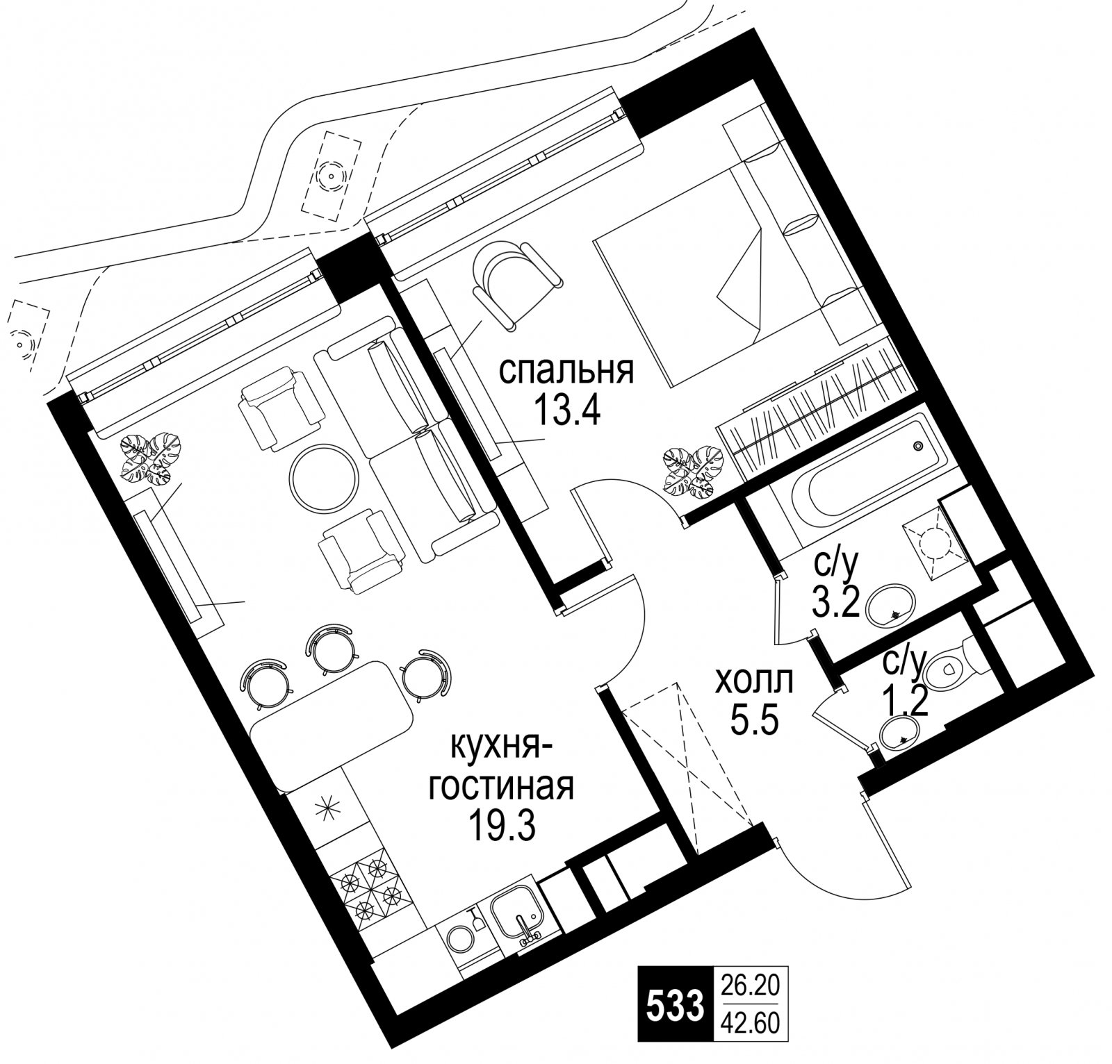 2-комнатная квартира без отделки, 42.6 м2, 26 этаж, сдача 2 квартал 2024 г., ЖК Интеллигент, корпус 2 - объявление 2260643 - фото №1