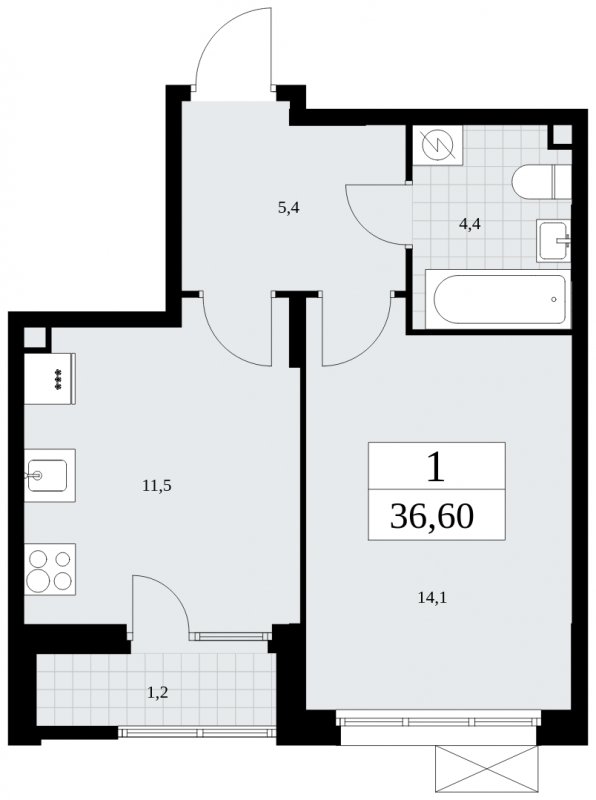 1-комнатная квартира без отделки, 36.6 м2, 2 этаж, сдача 1 квартал 2025 г., ЖК Бунинские кварталы, корпус 2.4 - объявление 1882586 - фото №1