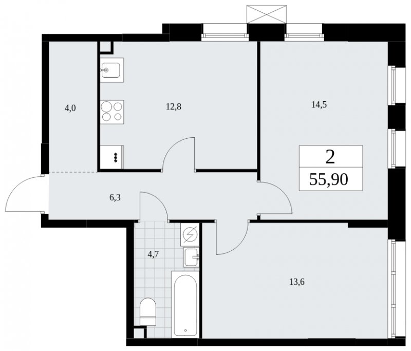 2-комнатная квартира без отделки, 55.9 м2, 2 этаж, сдача 2 квартал 2025 г., ЖК Дзен-кварталы, корпус 2.3 - объявление 1932506 - фото №1