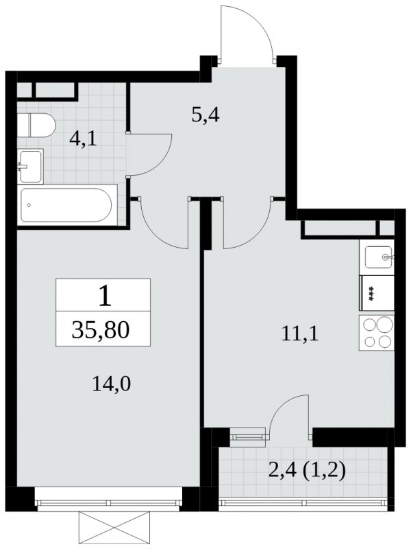 1-комнатная квартира без отделки, 35.8 м2, 11 этаж, сдача 2 квартал 2024 г., ЖК Прокшино, корпус 6.1 - объявление 1662658 - фото №1