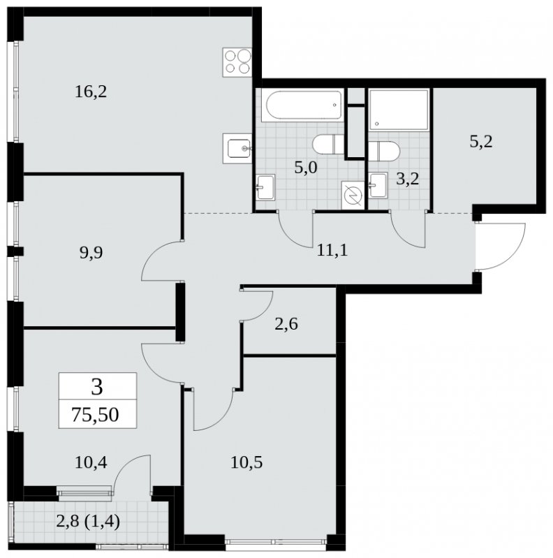 3-комнатная квартира с частичной отделкой, 75.5 м2, 17 этаж, сдача 2 квартал 2025 г., ЖК Южные сады, корпус 2.2 - объявление 1757578 - фото №1