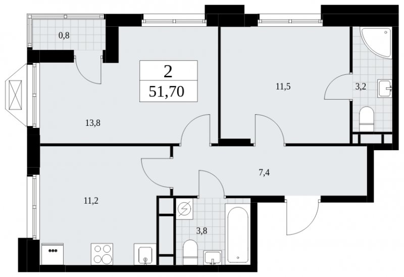 2-комнатная квартира с частичной отделкой, 51.7 м2, 16 этаж, сдача 4 квартал 2024 г., ЖК Бунинские кварталы, корпус 1.2 - объявление 1834554 - фото №1