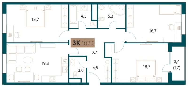 3-комнатная квартира без отделки, 102 м2, 7 этаж, сдача 4 квартал 2022 г., ЖК Настоящее, корпус 1 - объявление 1752056 - фото №1